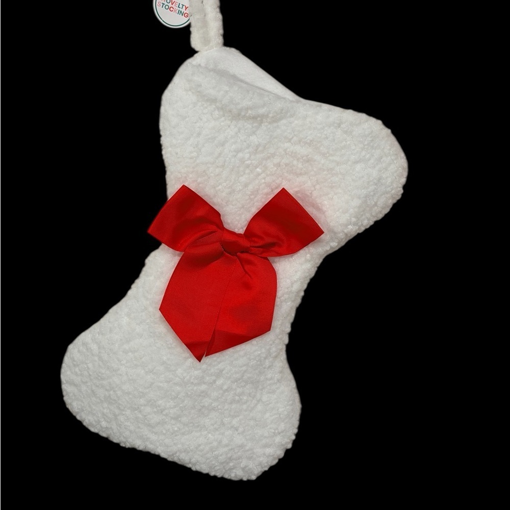 Dog Bone Stocking White with Red Bow NWT